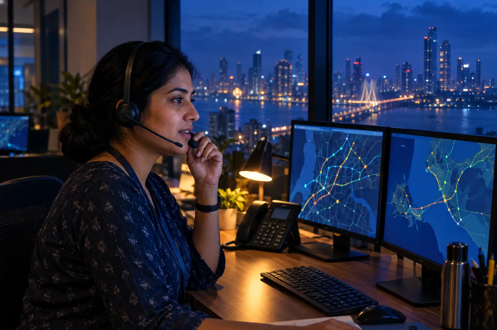 A Mobilyty coordinator on a headset at her desk at night, with the Mumbai skyline and the Sea Link behind her