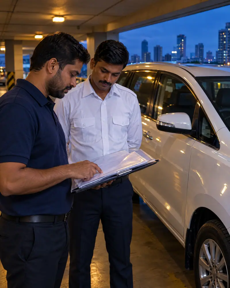 A Mobilyty coordinator checking a driver’s documents beside a white MPV in a Mumbai parking bay at dusk