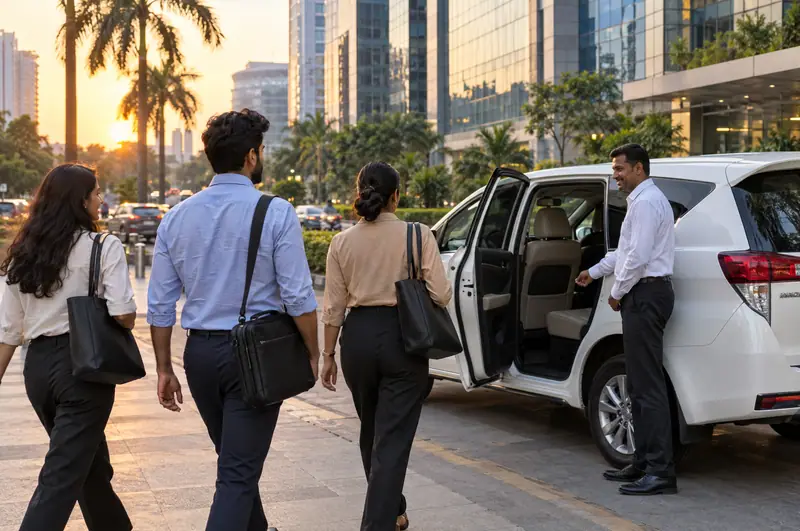 Office employees walking to a white MUV held open by a driver outside a glass tower in BKC, Mumbai, at sunset