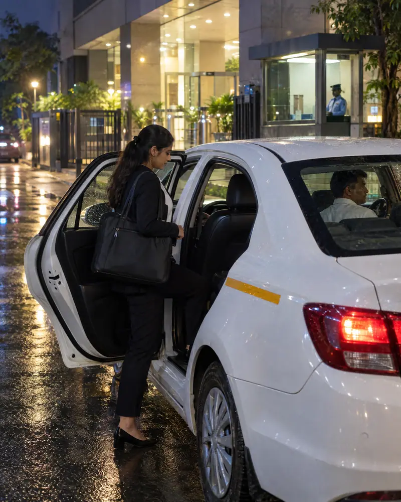 A woman professional stepping into a white sedan cab at night outside a lit office entrance in Mumbai, with a security guard in the background