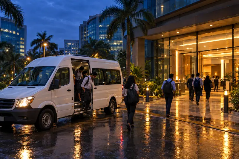 A white tempo traveller dropping a team at an office campus in Mumbai