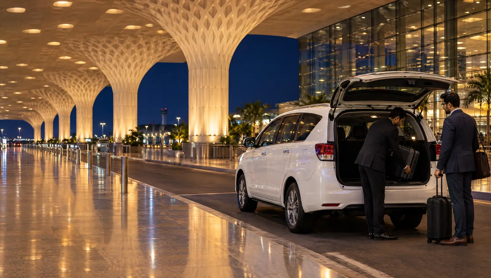 A chauffeur loading a business traveller’s suitcase into a white MPV at the departure kerb of Mumbai airport at night