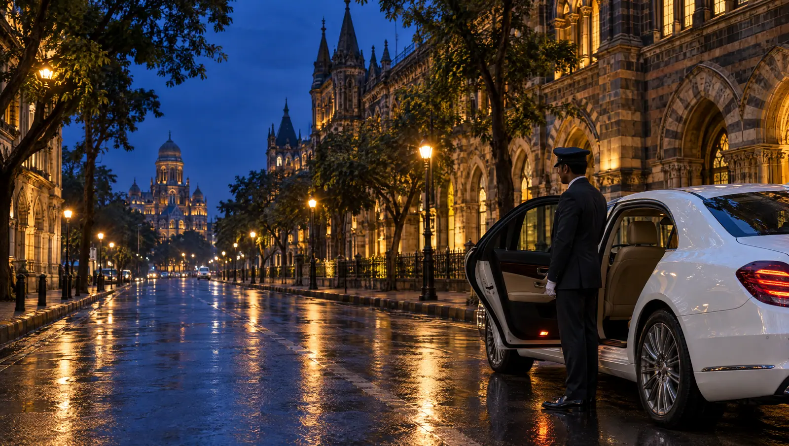 A chauffeur waiting beside a white sedan with its door open on a heritage street in South Mumbai at dusk