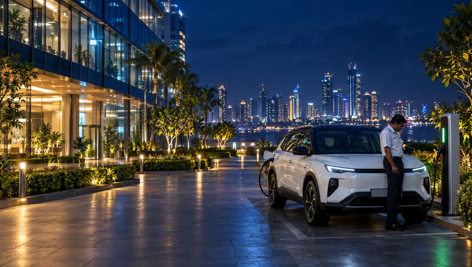 A white electric SUV charging at a pedestal charger outside a glass office campus in Mumbai at night, with the skyline behind