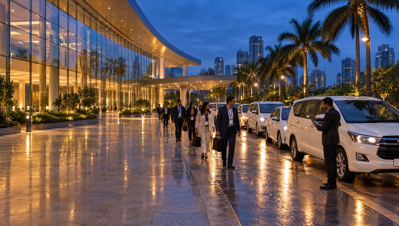 Conference delegates walking to a row of white cars waiting at a convention centre forecourt in BKC, Mumbai, at dusk