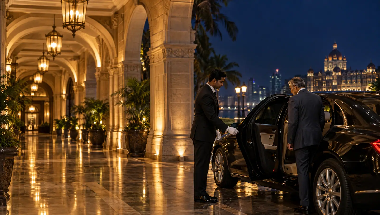 A chauffeur in white gloves holding the door of a black executive sedan for a business leader under a heritage hotel porch in South Mumbai at night