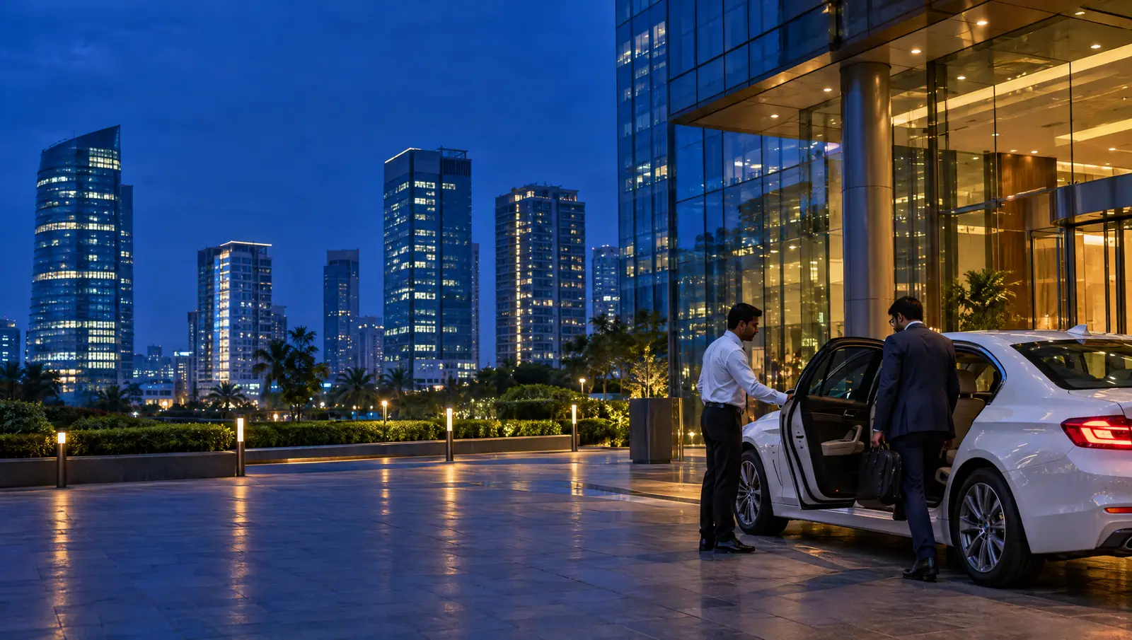 A driver holding the car door for a banking professional outside a glass office tower in Bandra Kurla Complex at blue hour