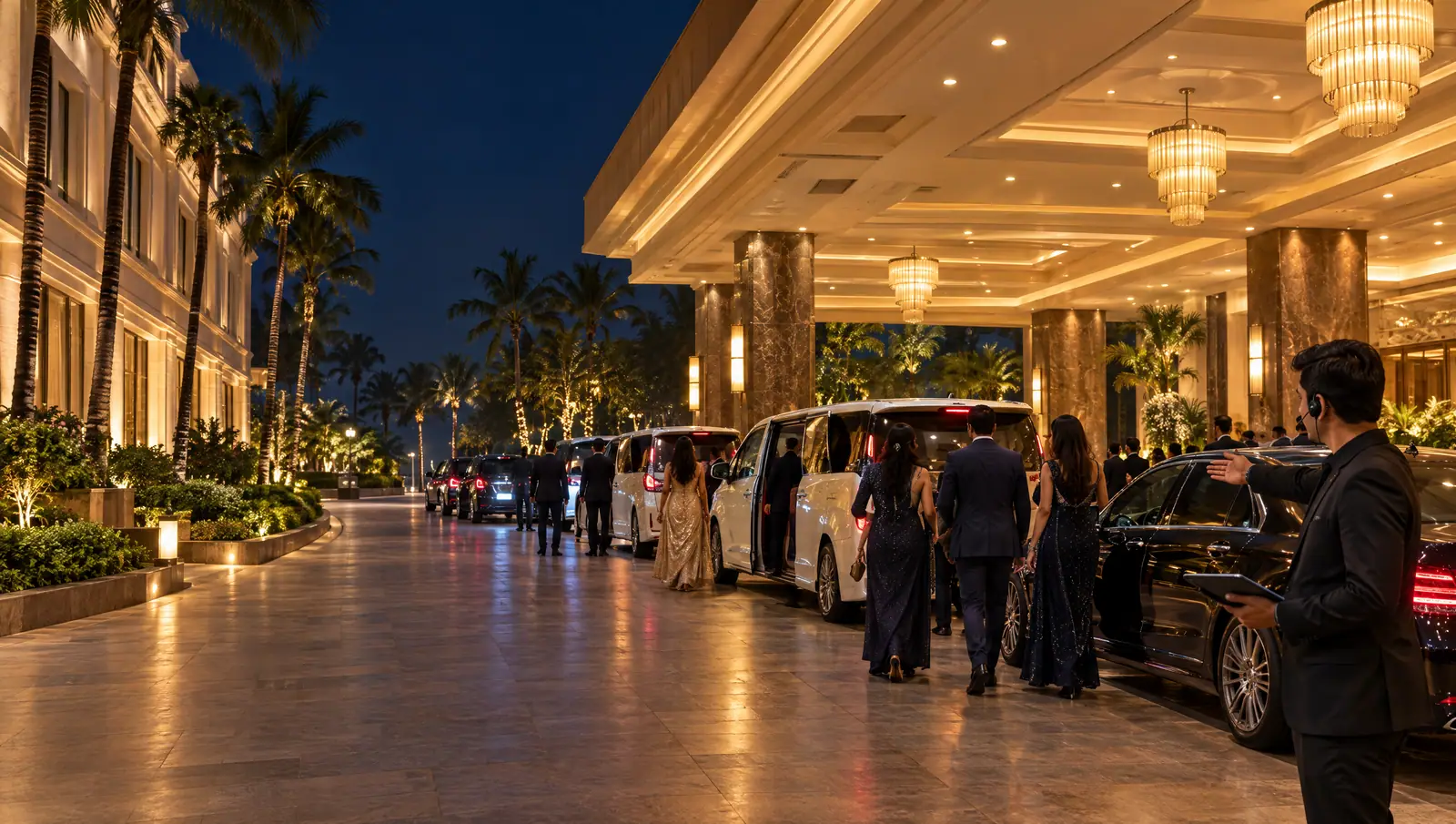 An event coordinator with a headset directing a line of white MPVs and black sedans at a luxury hotel porch in Juhu, Mumbai, at night