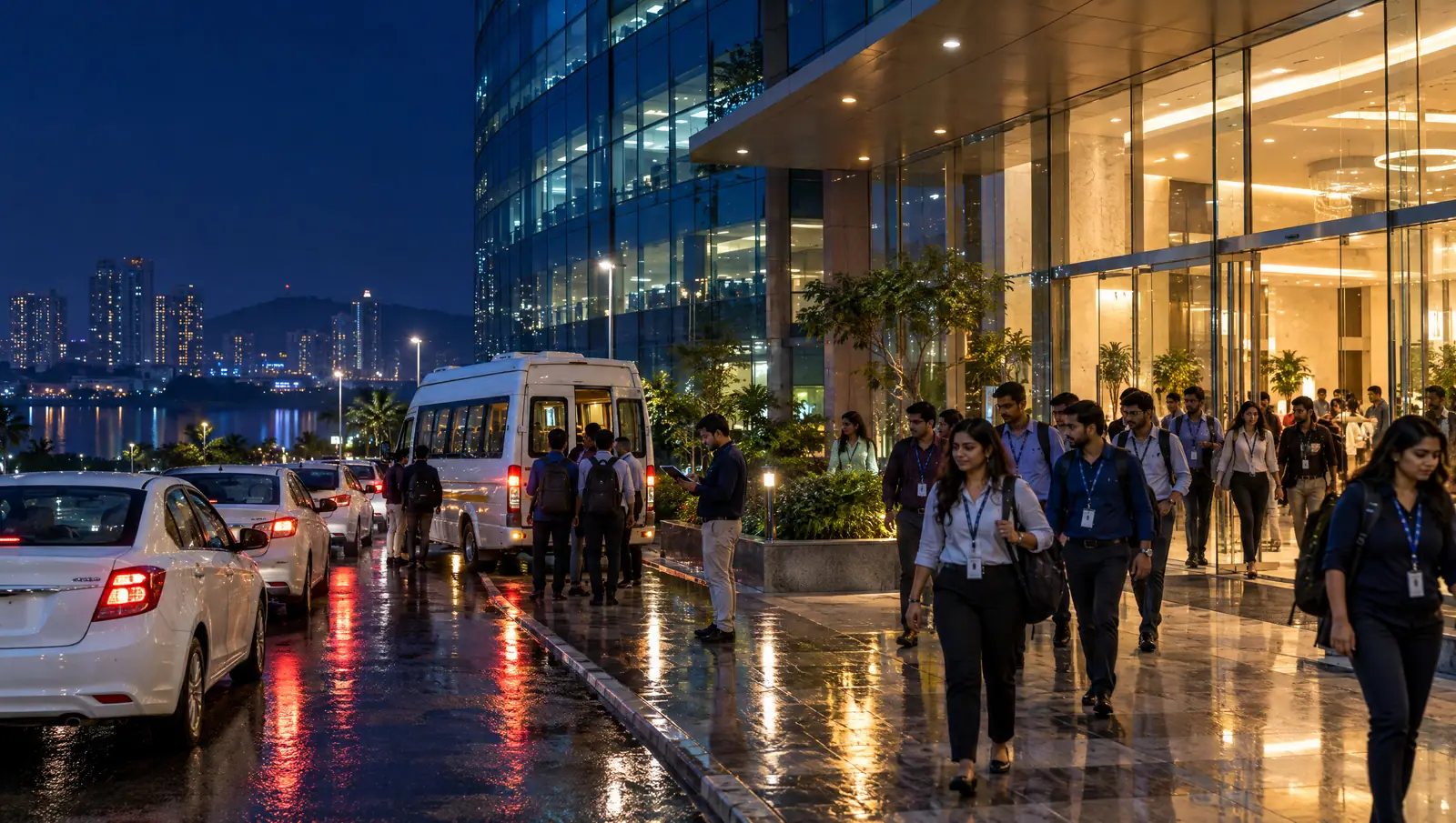 IT and BPO employees with ID lanyards walking out of a glass office tower in Powai at night toward waiting white cabs