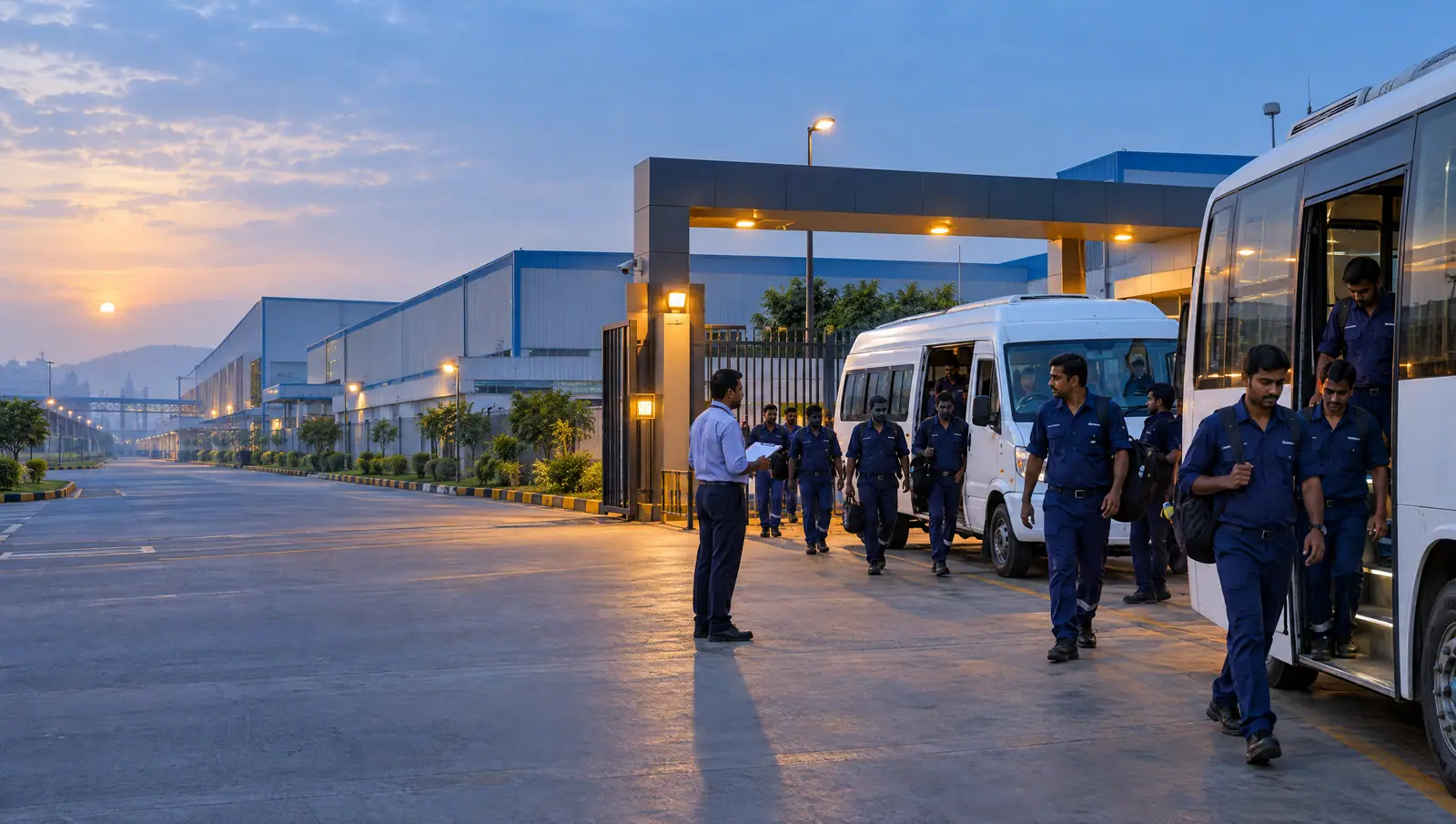 Factory workers in navy uniforms stepping down from white tempo travellers at a manufacturing plant gate in the Thane–Belapur belt at dawn