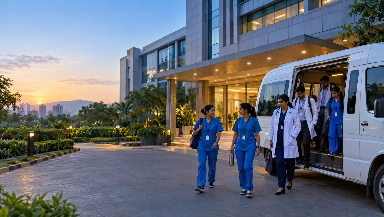 Nurses in scrubs and lab staff stepping out of a white tempo traveller at a hospital and research campus in Thane at dawn