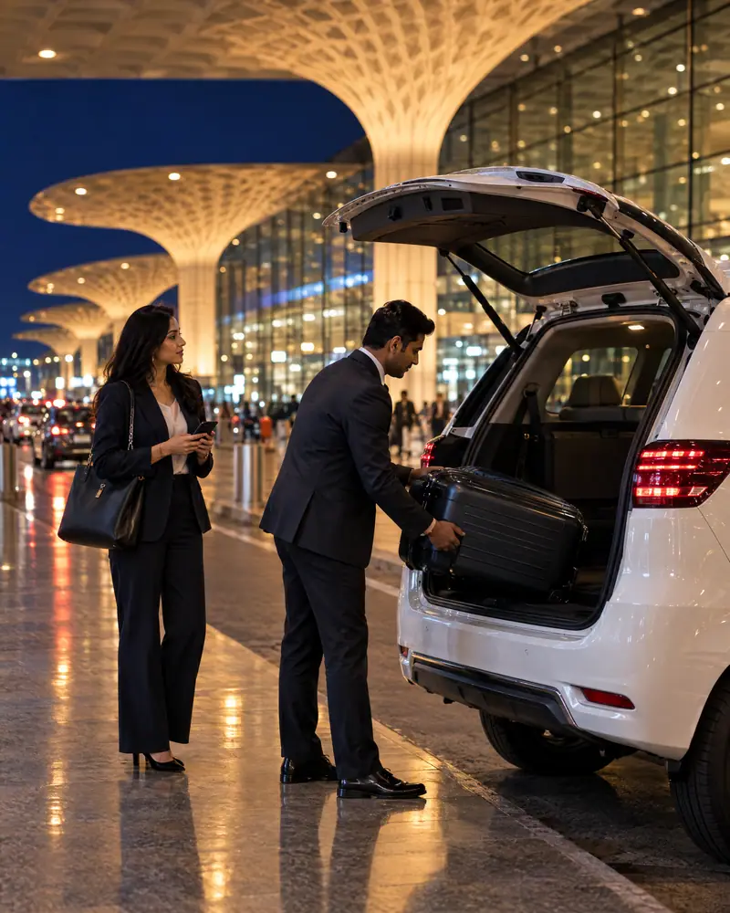 A chauffeur loading a business traveller’s suitcase into a white MPV at the Mumbai airport terminal at night