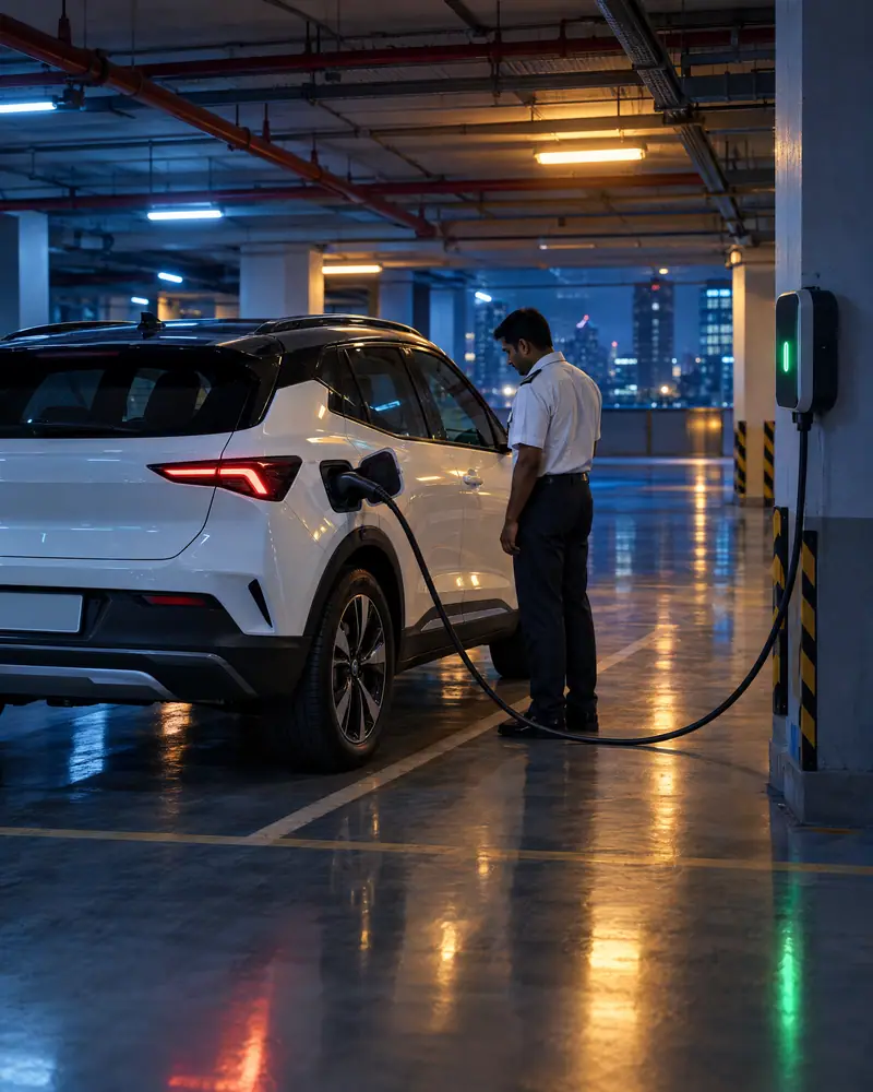 A white electric SUV charging at an office basement charging point in Mumbai