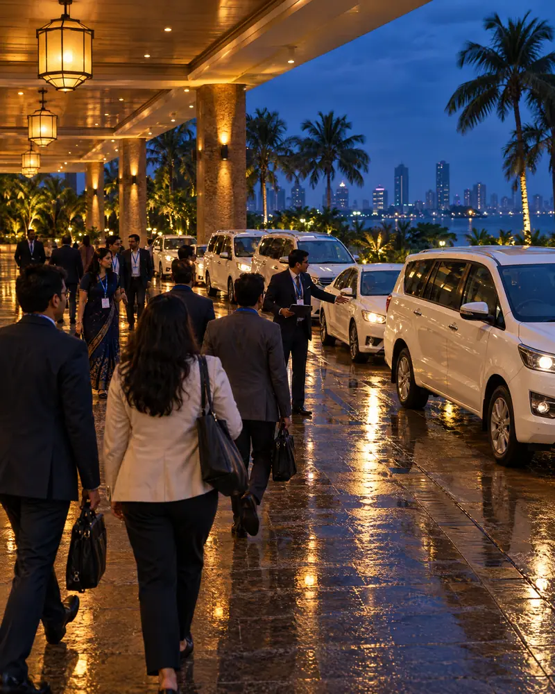 Conference delegates walking to a line of white cars under a hotel porch in Mumbai at dusk