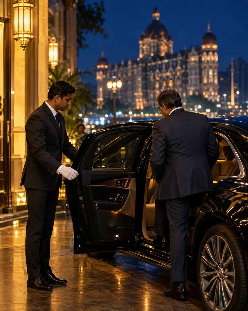 A chauffeur in white gloves holding the door of a black executive sedan for a business leader in South Mumbai at night